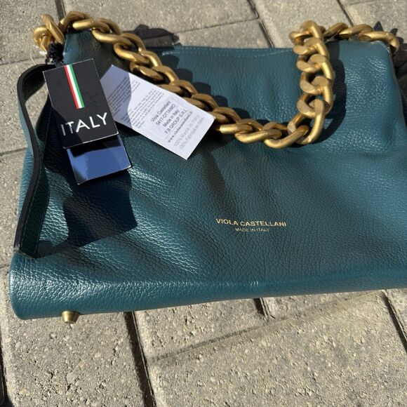 Viola Castellani Italian Leather Dark Teal Purse Large Gold Chain Crossbody NWT - Picture 16 of 16